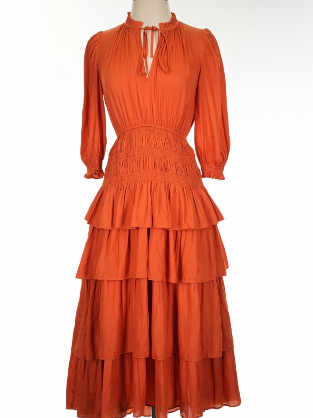 Maje Orange Tiered Ruffle Maxi Dress with Smocked Waist and Tie Neck
